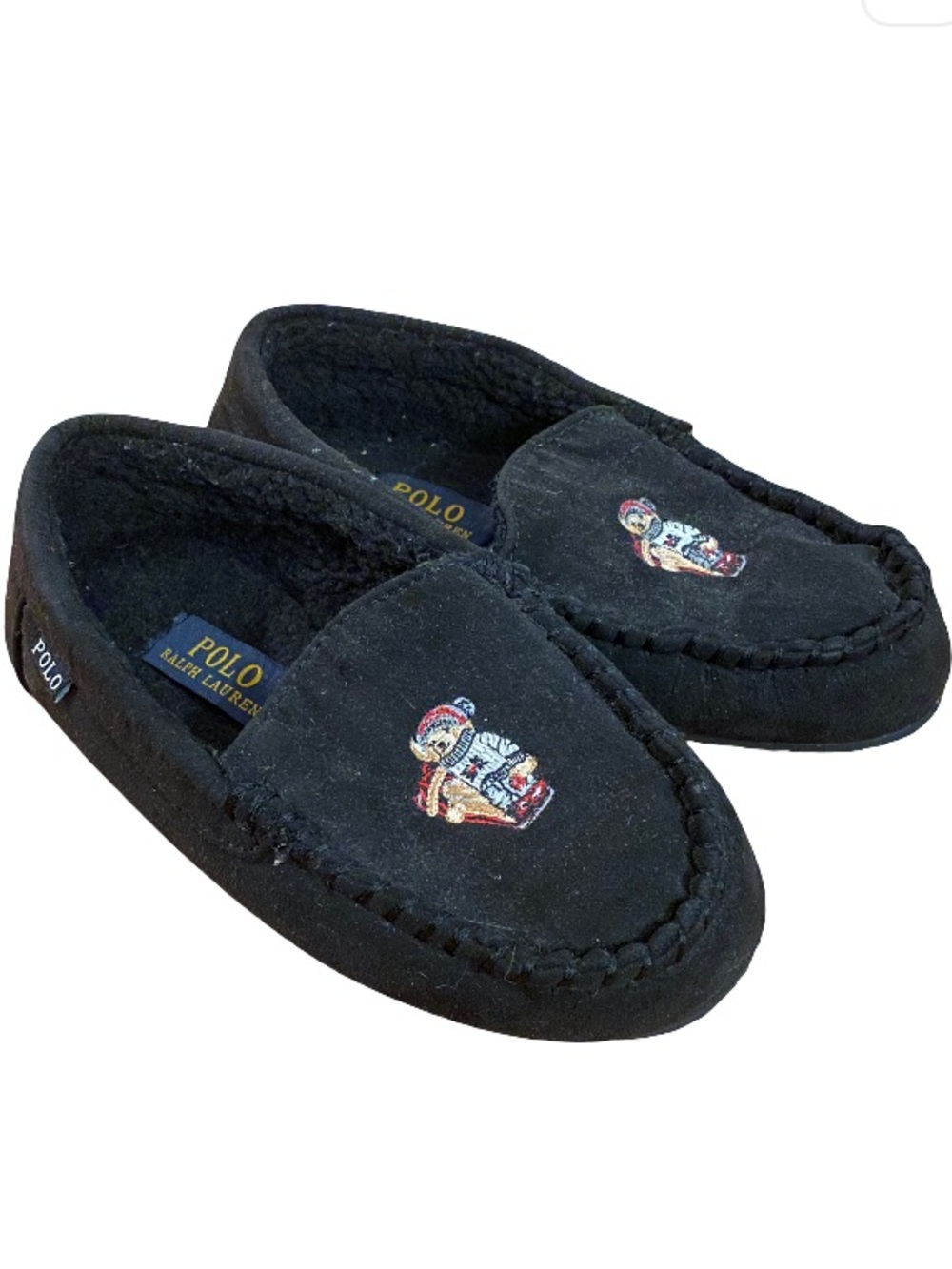 Polo Ralph Lauren kids’ skiing bear black embellished moccasin slippers size 4